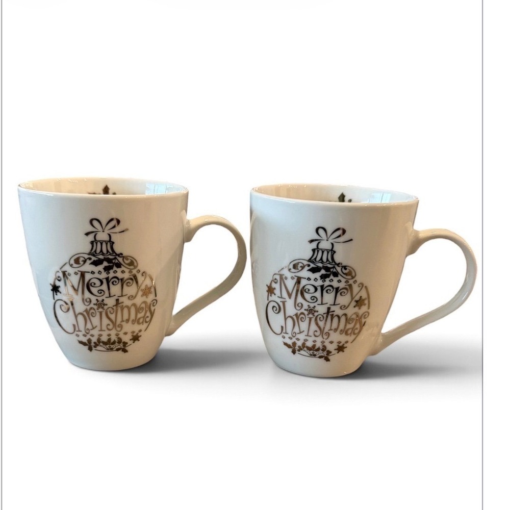 Pfaltzgraff Merry Christmas Mugs Set of 2 White Gold Ornament Holiday Coffee Cup